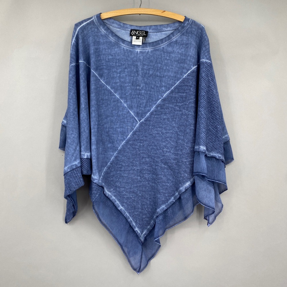 ANGEL Apparel Handkerchief Hem Knit Poncho Top Womens M Blue Mesh Chiffon Boho